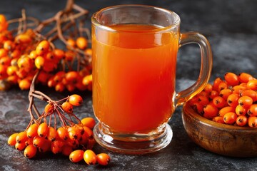 A glass of sea buckthorn juice sits next to fresh sea buckthorn berries on a dark surface. The juice is bright orange, showcasing its vibrant color.
