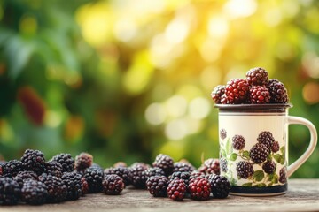 A white ceramic mug filled with fresh blackberries sits on a wooden surface. Blackberries are scattered around the mug. The background is blurred with green foliage.