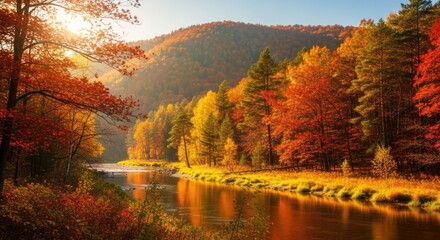 A serene river flows through a vibrant autumn landscape. Trees display bright orange, red, and yellow leaves. Mountains rise in the background under a clear sky.