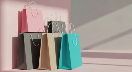 Colorful shopping bags arranged on a light surface. The bags are in pink, gray, beige, and turquoise. Soft shadows create a modern aesthetic.