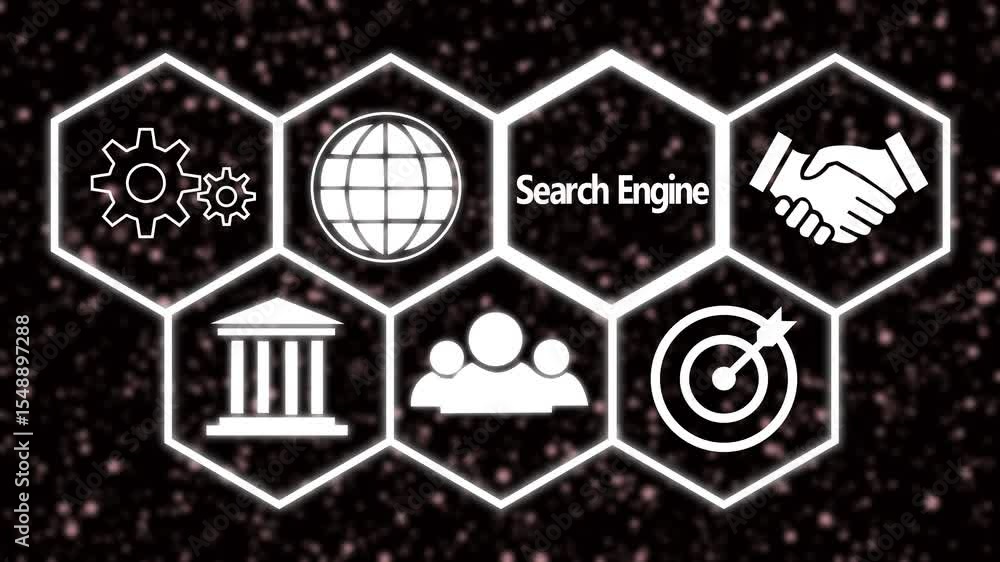 Poster a search engine concept button on a futuristic. abstract seamless animation of mesh glowing dots dig