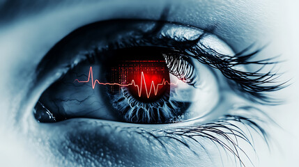 Close-up of an eye with a red digital heartbeat overlay, symbolizing health monitoring technology