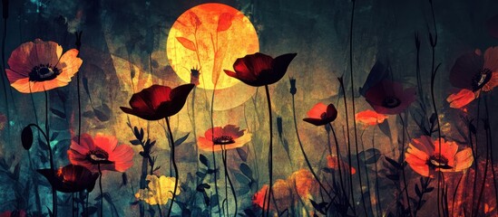 Artistic poppy field against a textural twilight circle evoking mystical beauty