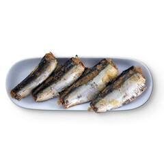 A plate of grilled sardines arranged neatly, showcasing their crispy texture and appetizing...