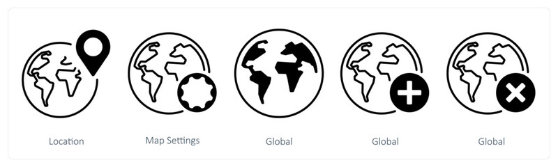 A set of 5 mix icons as location, map settings, global