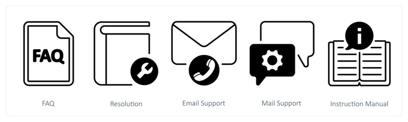 A set of 5 mix icons as faq, resolution, email support
