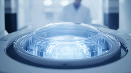 Close-up of a laboratory centrifuge with illuminated interior