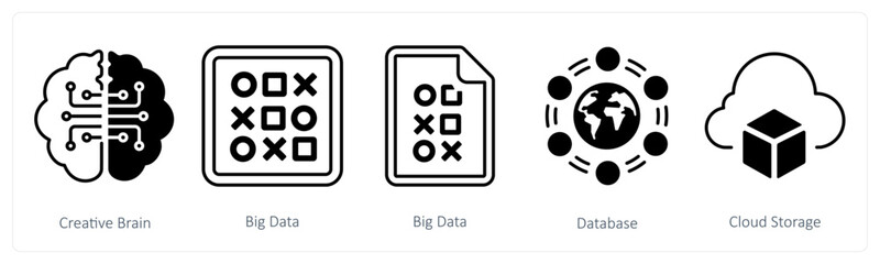 Obraz premium A set of 5 mix icons as creative brain, big data, database