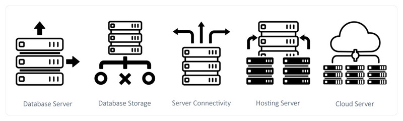 A set of 5 mix icons as database server, database storage, server connectivity