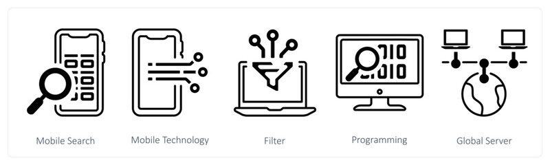 A set of 5 mix icons as mobile search, mobile technology, filter
