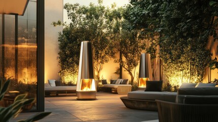 Serene outdoor lounge area with modern fireplaces and comfortable seating arrangement
