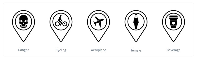 A set of 5 mix icons as danger, cycling, aeroplane