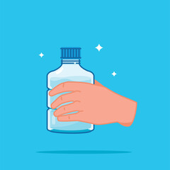 plastic water bottle held in hand, healthy blue drinking water packed in single drink capacity	
