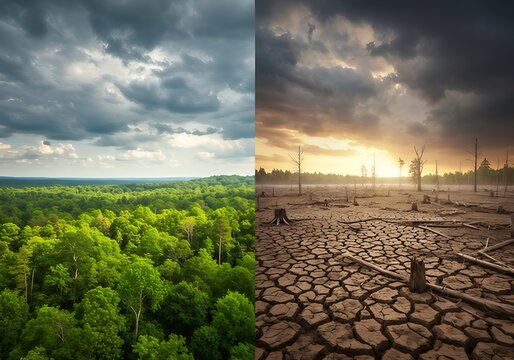  A powerful visual contrast showing the effects of climate change. The left side depicts a lush green forest under a dramatic cloudy sky, while the right side shows a barren, cracked desert landscape
