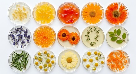 Various botanicals in petri dishes arranged in a pattern on white background.