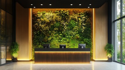 Lobby Reception Area with a Natural Green Wall Design and Contemporary Lighting