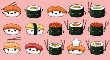 Adorable Kawaii Sushi Characters Collection of Cute Animated Maki Nigiri and Gunkan Illustrations