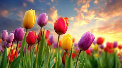 Colorful tulips in a field at sunset.
