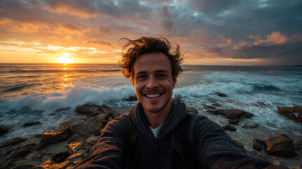 Smiling Man Taking Selfie on Rocky Shore at Sunset Over Ocean