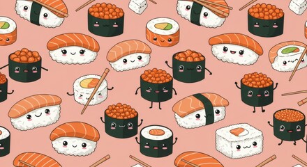 Adorable Kawaii Sushi Seamless Pattern Cute Animated Japanese Food Illustration