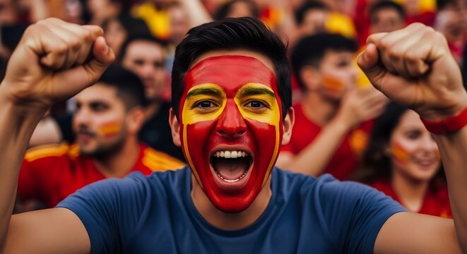 A man with spain flag painted on his face cheers in a crowd with raised fists - Powered by Adobe