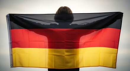 Person holding the german flag with their back to the camera in bright light