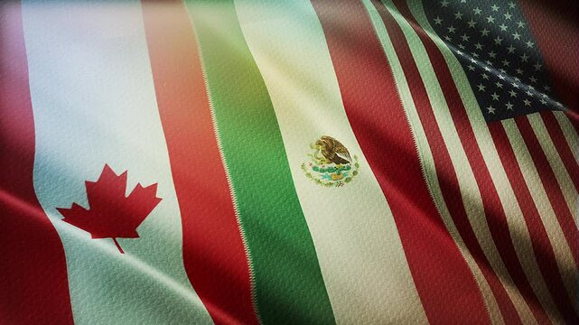 The flags of the three countries flying together. 4K Loop Motion Animation.