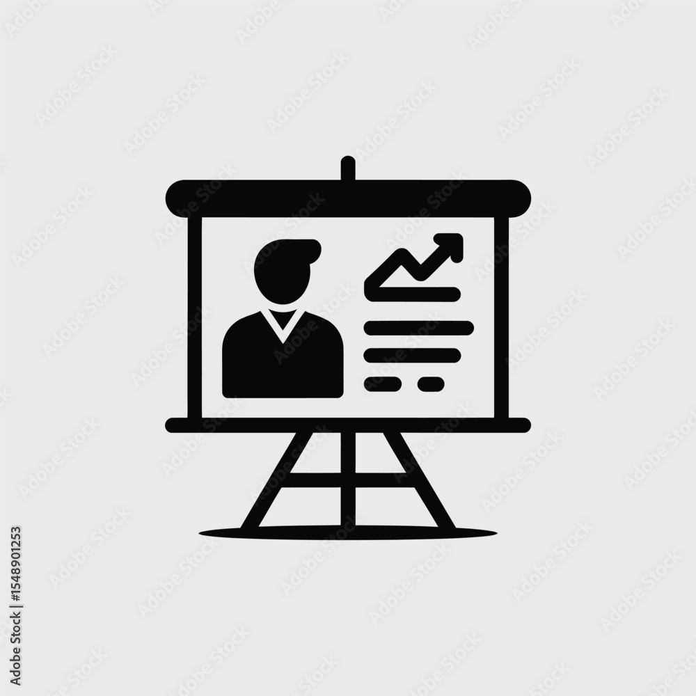 Poster black and white icon of a presentation board showing a businessperson and an upward trending graph w