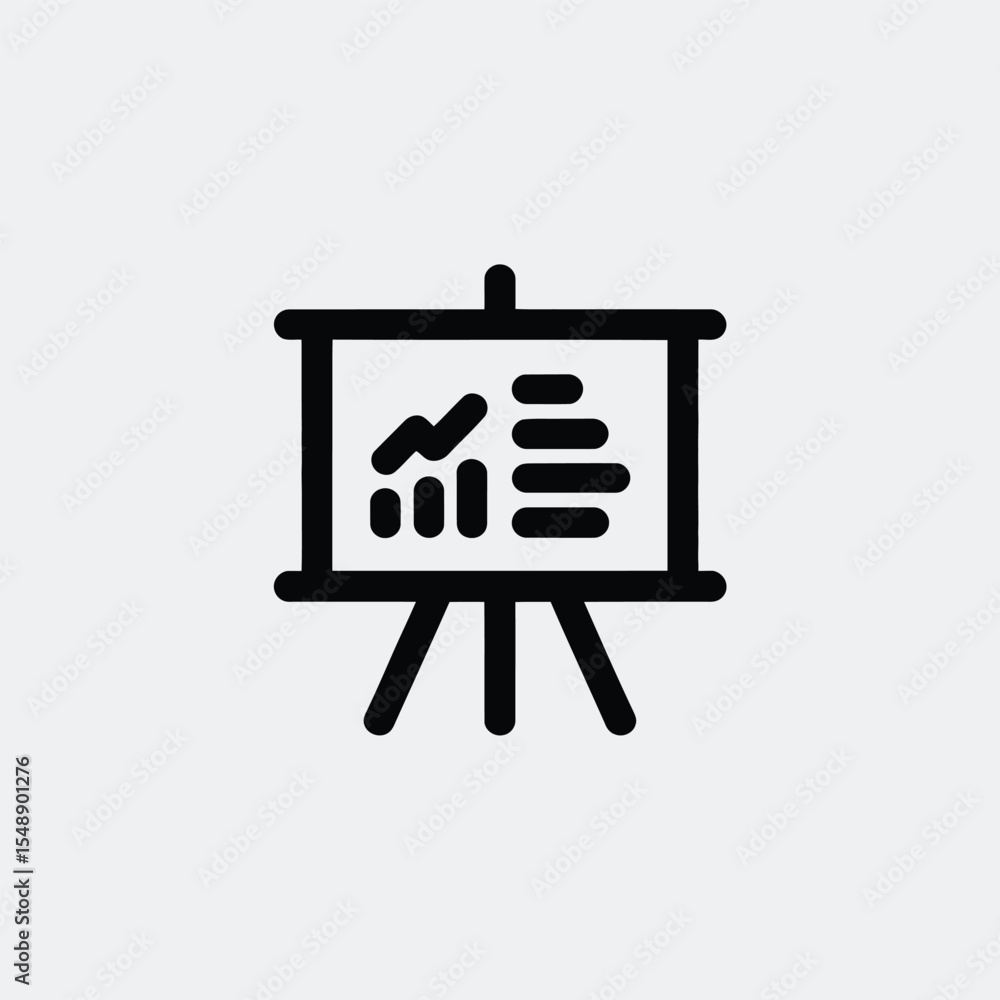 Poster black and white icon of a presentation board showing a bar graph and bulleted list simple line art g