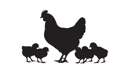 A silhouette illustration of a hen with baby chicks On white background