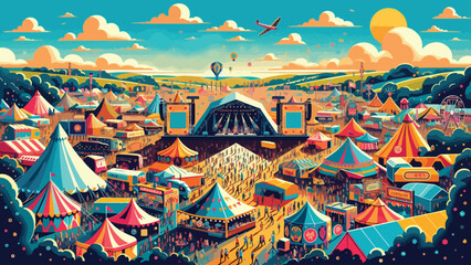 A vibrant and lively flat style illustration of Glastonbury Festival 