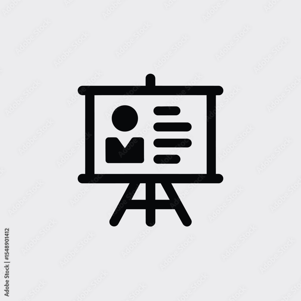 Aufkleber black and white icon of a presentation board showing a simple person icon and bulleted list on a tri