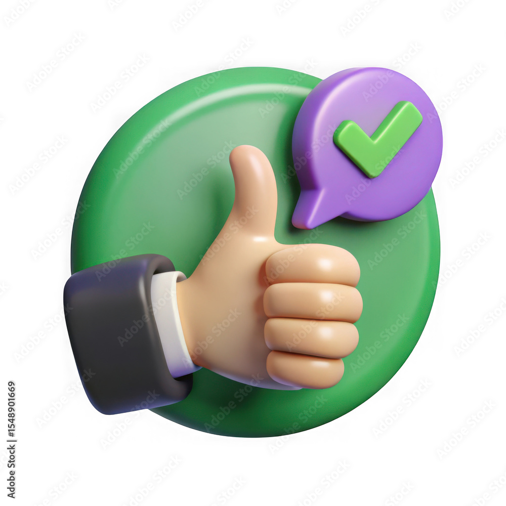 Poster 3d rendering of thumbs up with checkmark icon concept isolated on transparent background
