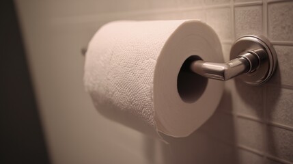 A toilet paper roll on a holder in a bathroom