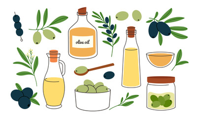 Olive oil glass bottle, fruit vegetable food set. Hand-drawn menu mediterranean Greek and Italian cuisine