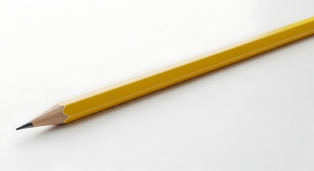 A close up of a yellow pencil with a sharpened tip on a white background plain