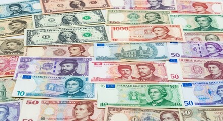 Diverse collection of world currencies money cash banknotes financial investment