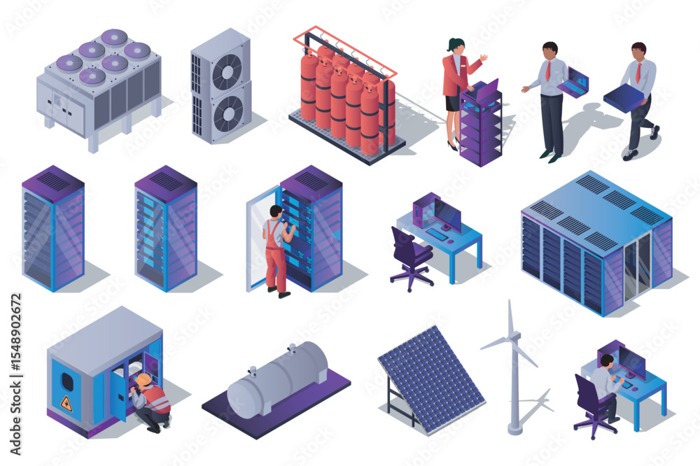 Poster Data center 3d isometric set. Collection isolated flat elements of hardware, server racks, technicians, administration process, computer technology, network, database, more. Vector illustration.
