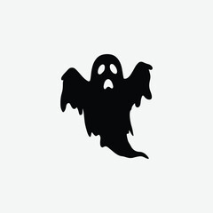 Stylized black ghost silhouette vector in flight with wide eyes and open mouth. Perfect for Halloween designs, spooky themes, and eerie decorations.