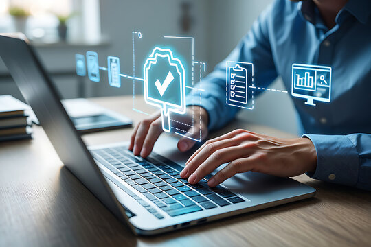 Person using laptop with digital checklist, data analysis, and cloud storage interface