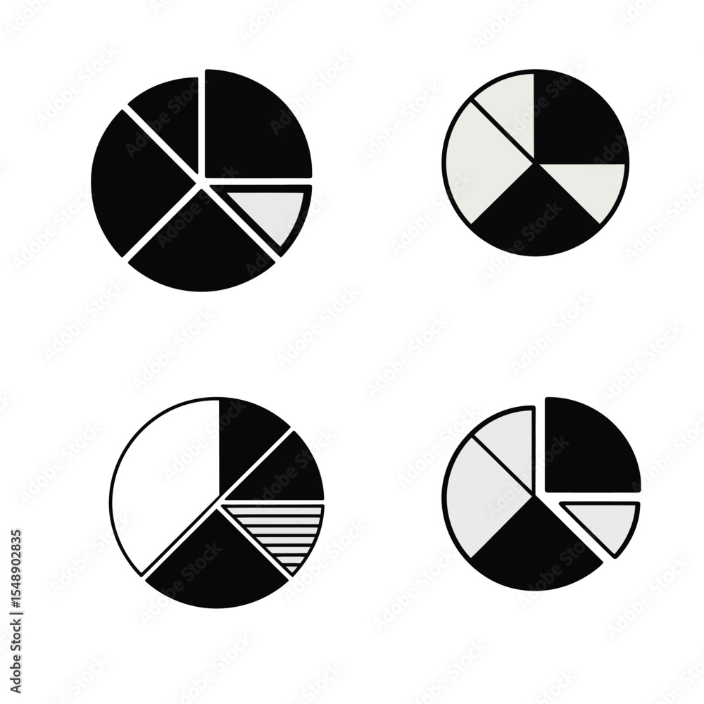 Poster black and white pie chart variations set four circular diagrams data visualization graphic design el
