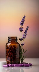 Lavender capsules alongside a brown bottle and fresh lavender with calming properties