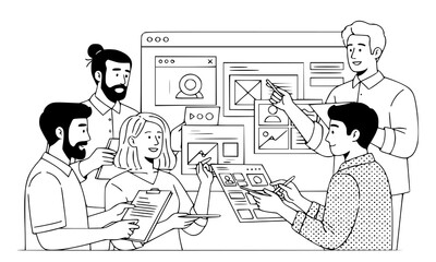 Diverse team collaborates on website design project, brainstorming ideas, planning strategy, modern illustration