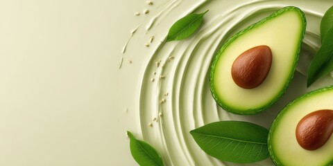 Avocado halves with fresh green leaves on a soft, creamy surface