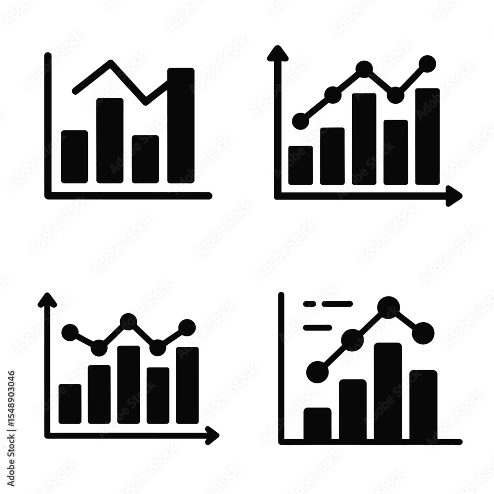 Poster black and white set of four simple bar graph charts showing data trends upward and downward line gra