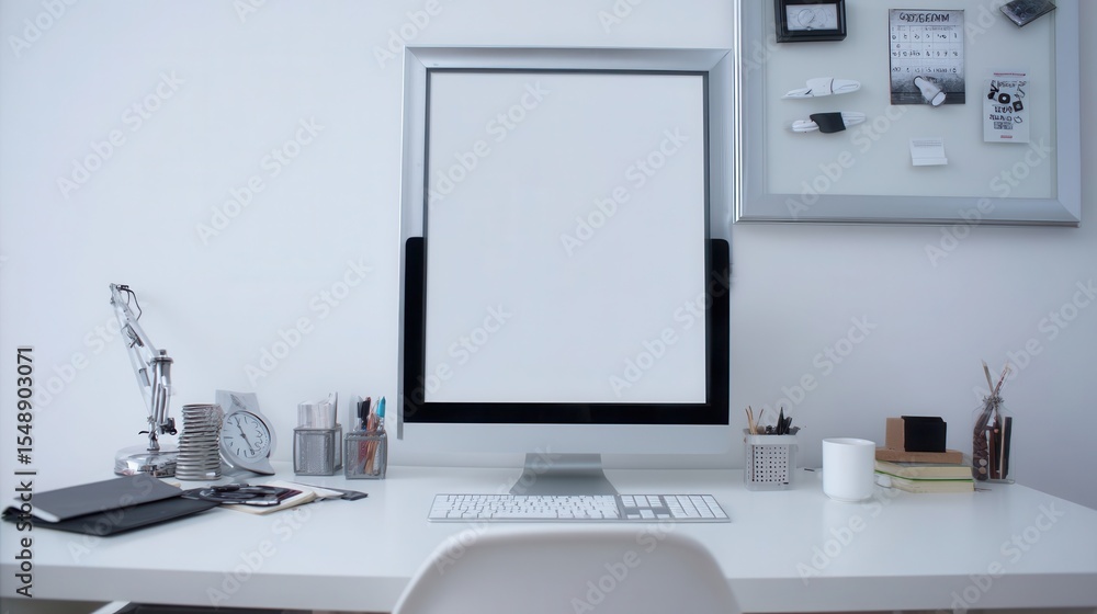 Poster a modern workspace with a blank computer screen.