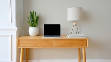 Light wood desk with laptop, plant, and lamp.