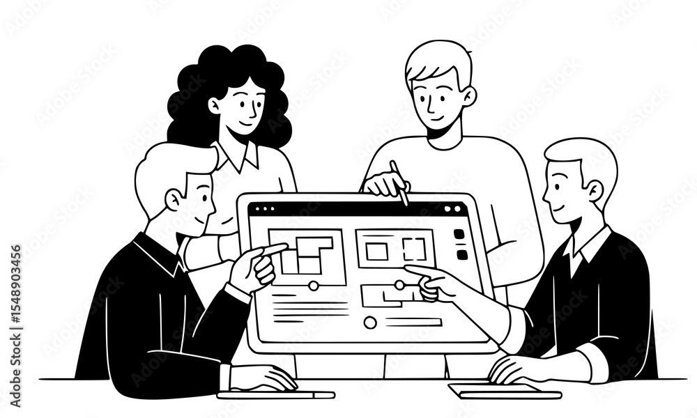 Poster team of designers collaborating on website design project around large monitor