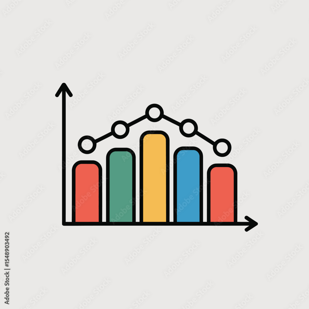 Poster colorful flat style bar chart icon showing data trend increase then decrease with five bars in red g