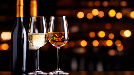 Elegance in a Glass: A captivating composition features a full bottle alongside two wine glasses, inviting the viewer to savor the taste of this fine beverage in a dimly lit setting.